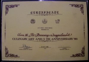 CERTIFICATE 1 ST PRIZE - GOLD MEDAL AWARDED TO CLASS III - MR.BOONSONG JONGPAIBOONKIT CULINARY ART AND 5 TH ANNIVERSARRY'86